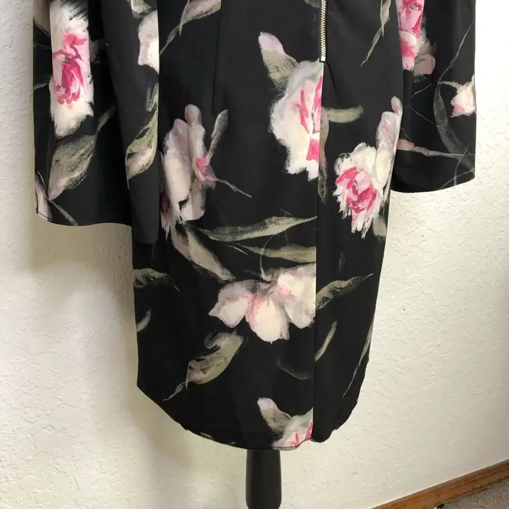 WHBM black pink floral v neck bell sleeve dress size 10
